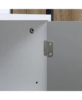 Storage Cabinet with Open Shelf and Double Door Cupboard, Accent Cabinet with Herringbone Panel and Steel Frame, Gray