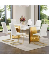 Pandora Sintered Stone Table and White Pu Chairs with Golden Legs