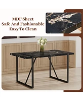 Modern Marble Dining Set: Table (55"x31.4") + 6 Black Pu Chairs