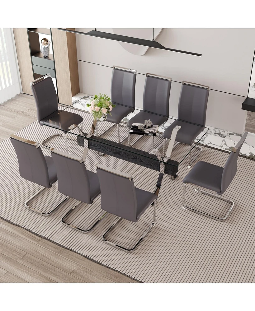Elegant Glass Dining Set with 8 Dark Gray Chairs