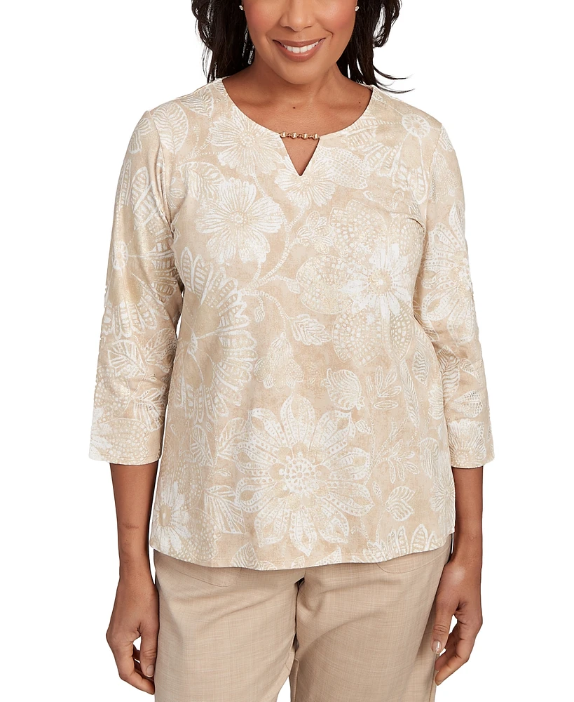 Alfred Dunner Petite Catalina Island Textured Floral Foil Accent Top