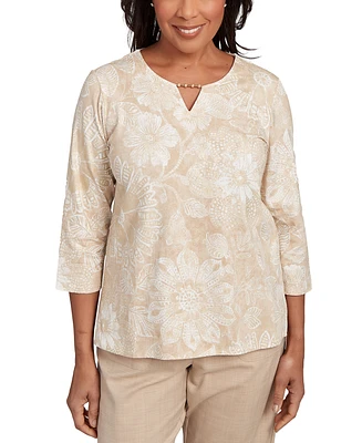 Alfred Dunner Petite Catalina Island Textured Floral Foil Accent Top