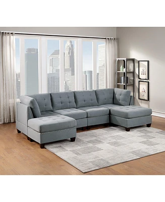 6-Piece Modular Gray Linen U-Sectional Sofa Set with Nailheads
