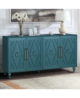 Navy Blue Storage Cabinet with Carved Doors & Adjustable Shelves