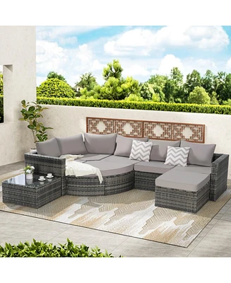 8pc Outdoor Patio Sofa Set, Wicker Sectional with Ottoman & Table