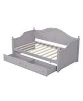 Twin Size Wood Daybed with 2 Storage Drawers, Wooden Sofa Bed with Handrail for Living Room Bedroom, Light Grey