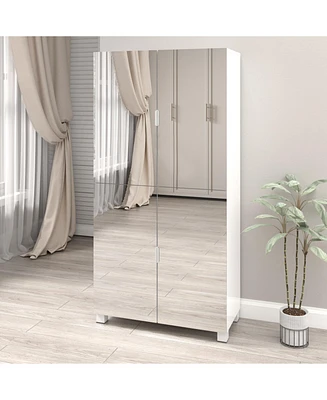 4-Drawer Shoe Cabinet with Mirror and 4-Door Closet (White)