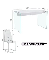 White Coffee Table & 4 Pu Chairs - Glass Legs, Silver Accents