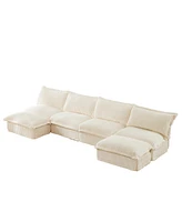Slipcovered 4-Seater Sectional Sofa with Ottoman and Accent Pillows