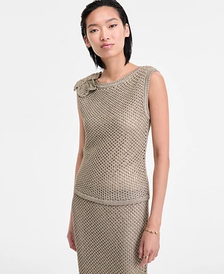 I.n.c. International Concepts Women's Metallic-Knit Floral-Applique Top, Exclusively at Macy's