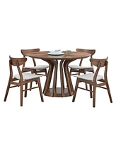 5-Piece Modern Dining Set: Round Walnut Table + 4 Upholstered Chairs