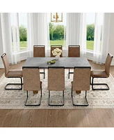 Cozy Modern Dining Set: 8-Seat Mdf Table with Brown Fabric Chairs
