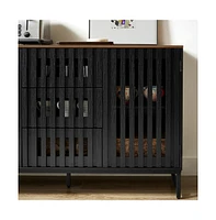 3 Drawer and 4 Shelves Dresser with Slatted Grille Striped Drawer and doors, Modern Style Dresser, High-Quality Mdf and Metal Leg