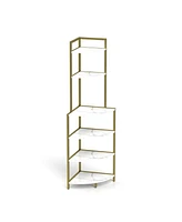 6-Tier Corner Open Shelf Modern Bookcase Wood Rack Freestanding Shelving Unit, Plant Album Trinket Sturdy Stand Small Bookshelf Space-Saving for Livin
