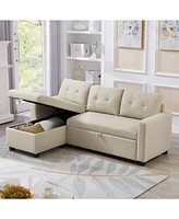 Upholstered Pull Out Sectional Sofa with Storage Chaise, Convertible Corner Couch, Beige