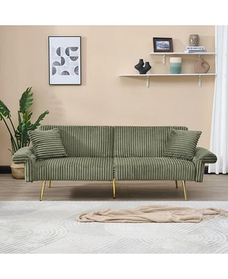 79 inch corduroy sofa bed, foldable double sofa bed with folding armrests, suitable for living rooms and small spaces