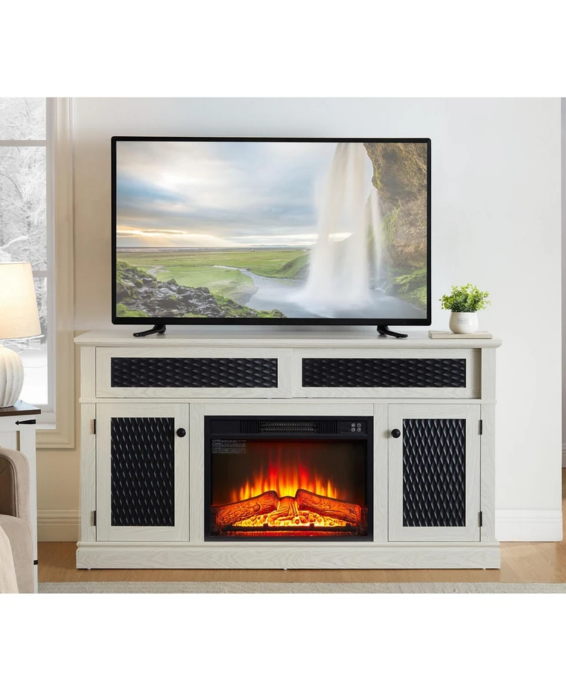 Embossed Tv Stand with 23" Fireplace, Media Console with Storage, White (58.3"W x 31.7"H)