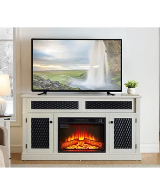 Embossed Tv Stand with 23" Fireplace, Media Console with Storage, White (58.3"W x 31.7"H)