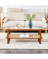 Walnut Wood & Glass Tea Table with Rattan Detail, Perfect for Home Decor