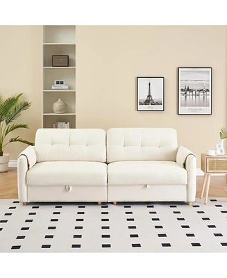 79.50 inches long, Teddy Cotton Linen Sofa Fabric, with metal conical long legs, metal strip matching, stylish and simple-Beige
