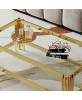 Top and Bottom Double Layer Tempered Glass Coffee Table and Mirror Finished Stainless Steel Frame