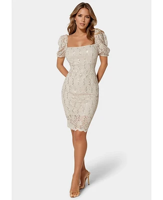 Bebe Women's Lace Slim Dress with Puff Sleeves