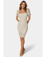 Bebe Women's Lace Slim Dress with Puff Sleeves