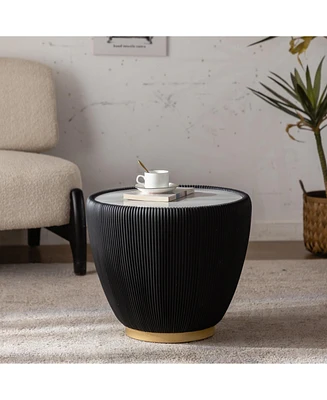Modern Side Table, Round Drum Coffee Table with Sintered Stone, Pu Leather and metal Base, Black, 19.7"