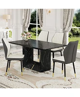 Black Marble Dining Set with White & Gray Pu Chairs