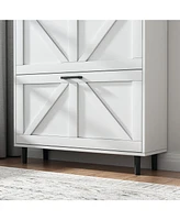 Farmhouse Shoe Storage Cabinet with Barn Door Design, Shoe Organizer with 2 Flip Drawers, Freestanding Narrow Shoe Rack Cabinet with Open Storage for