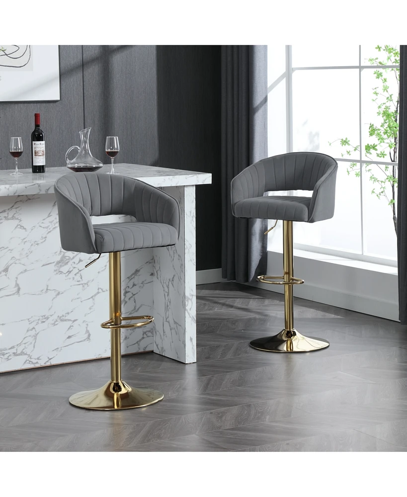 modern velvet bar chair, back hollowed-out with armrest, gold horn cross-legged, height adjustable