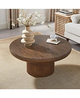 35.98inch Round Coffee Table with Cylindrical Leg,Wood Veneer Tabletop Table,Rounded Sofa Side Table for living Room Office,Brown