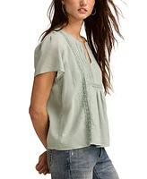 Lucky Brand Women's Cotton Pleated Split-Neck Peasant Top