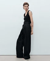 Mango Women's Belted Wide Leg Cotton Pants