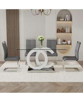 63" Tempered Glass Dining Table with 4 Pu Chairs and Metal Legs