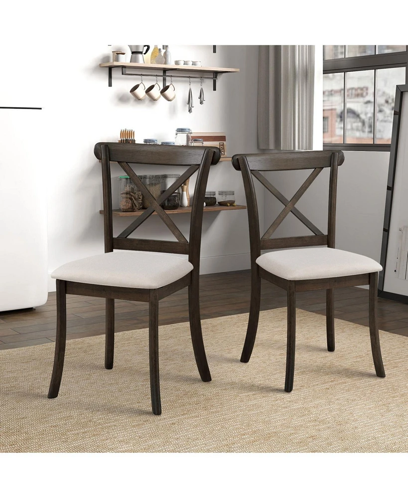 Wooden X Back Dining Chairs Set of 2, Modern Fabric Upholstered Kitchen Side 2PC Chairs, Cross Back Rubber Wood Farmhouse Dining Room Chair,Brown