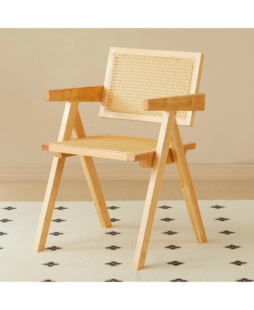 Natural Rattan Dining Chairs (2), Armrest & Solid Wood, Living Room