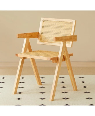 Natural Rattan Dining Chairs (2), Armrest & Solid Wood, Living Room