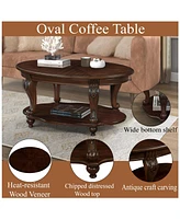 42'' oval wood coffee table for Living Room, 2-Tier Solid Wood Cocktail Table with Open Storage Shelf, Easy Assembly, Cherry