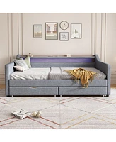 Twin Daybed with Storage, Shelves & Usb Ports, Linen Upholstered Sofa with Led Light