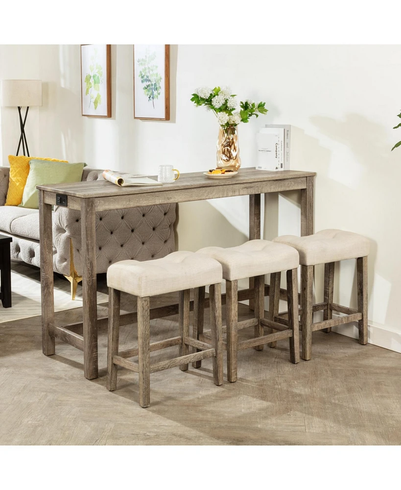 Bar Table Set with 3 Stools & Power Outlet - Brown