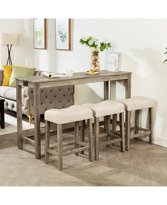 Bar Table Set with 3 Stools & Power Outlet - Brown