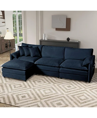Comfy Blue Chenille Sectional Sofa with Ottoman