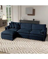 Comfy Blue Chenille Sectional Sofa with Ottoman