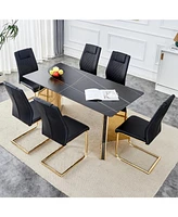 Black Sintered Stone Table & 6 Pu Chairs - Golden Accents