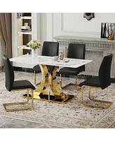 Jade Stone Dining Set: 63" Table, 4 Black Pu Chairs