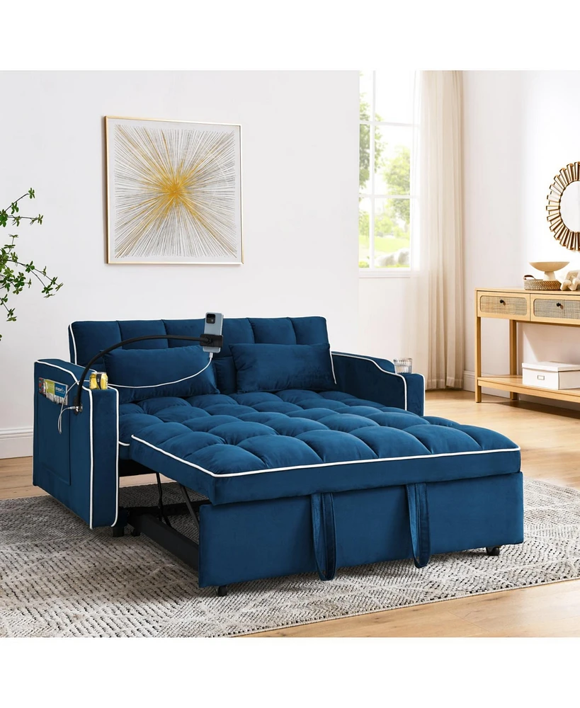 55.51 inch versatile foldable sofa bed in 3 lengths, modern sofa sofa sofa velvet pull-out bed, adjustable back and with Usb port and ashtray and swiv