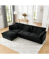 Modern L-Shaped Sectional Sofa with Ottoman, 4-Seat Couch (Black