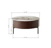 Modern Round White & reall wood color Coffee Table with Drawers and metal legs, Drum Coffee Table with Golden Legs Circular Center Table with ceramic