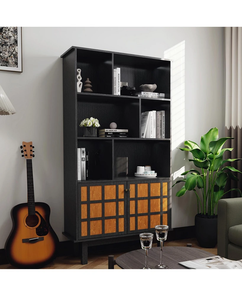 Bookcase with Cabinet, Bookshelf with Doors, Black&Honey